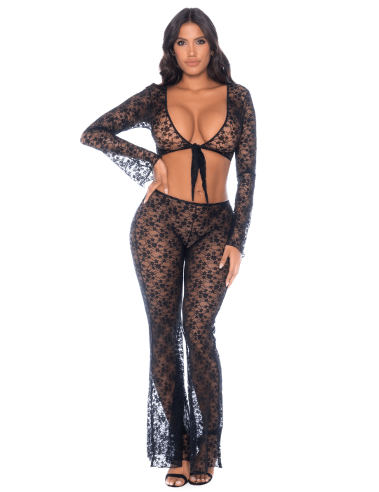 Top et pantalon en dentelle florale noire - MAL1915BLK