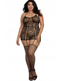 Combinaison grande taille en dentelle et lanières entrecroisées devant et derrière - DG0331XBLK Combinaison grande taille en dentelle et lanières entrecroisées devant et derrière - DG0331XBLK