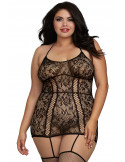Combinaison grande taille en dentelle et lanières entrecroisées devant et derrière - DG0331XBLK Combinaison grande taille en dentelle et lanières entrecroisées devant et derrière - DG0331XBLK