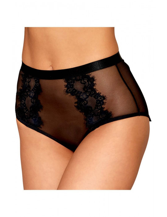 Culotte en résille et dentelle noire avec jarretelles roses - DG1485BLK