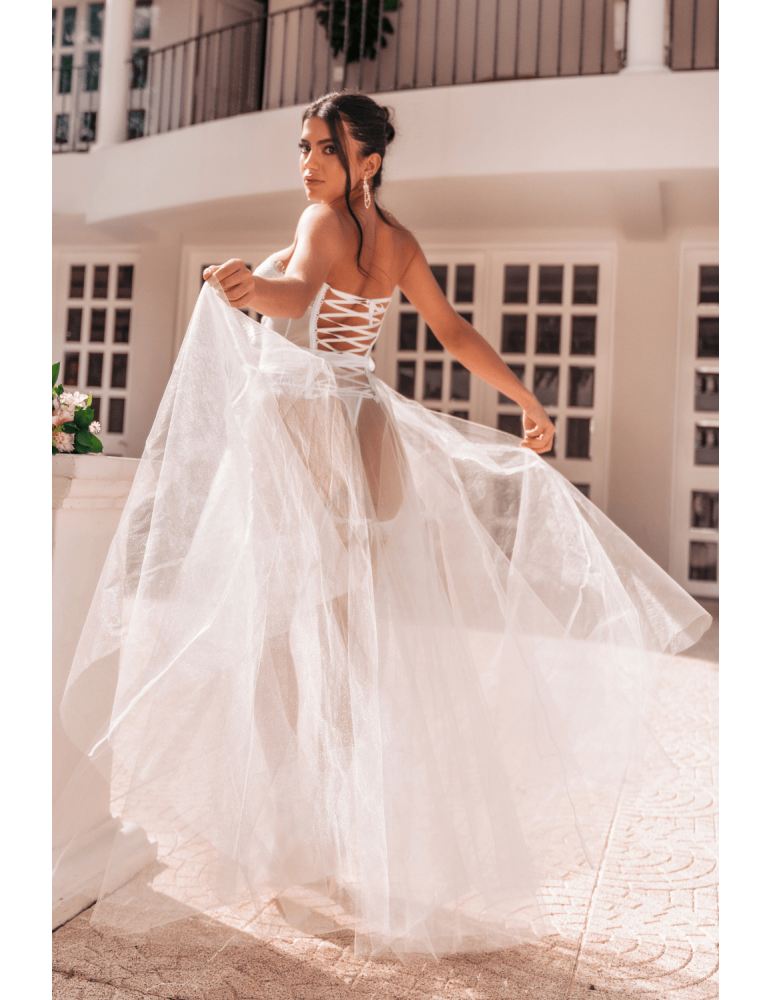 Ensemble 4 pièces blanc, bustier, string et 2 jarretières - MAL8933WHT