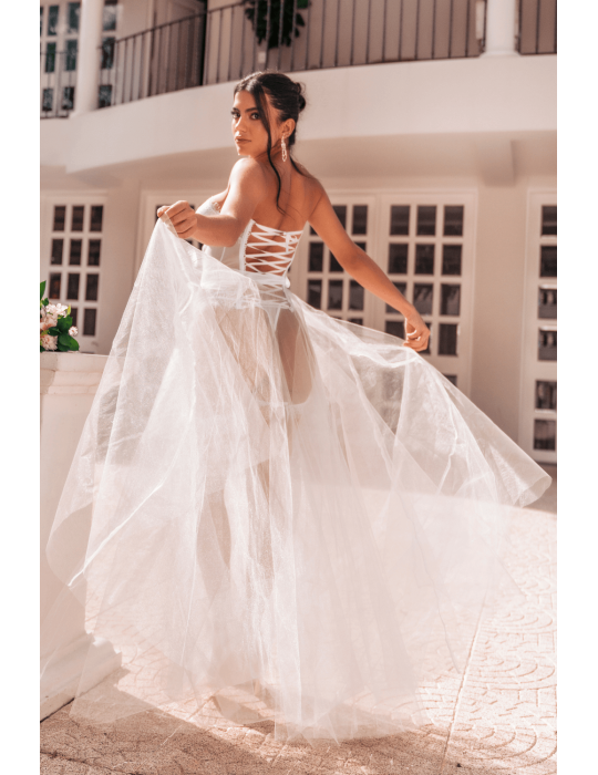 Ensemble 4 pièces blanc, bustier, string et 2 jarretières - MAL8933WHT