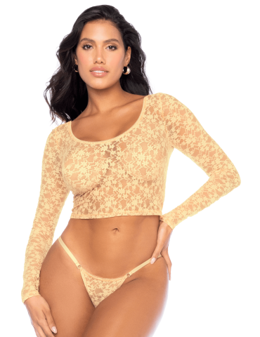 Ensemble 2 pièces en dentelle jaune pastel, crop top et string - MAL8918LYLW