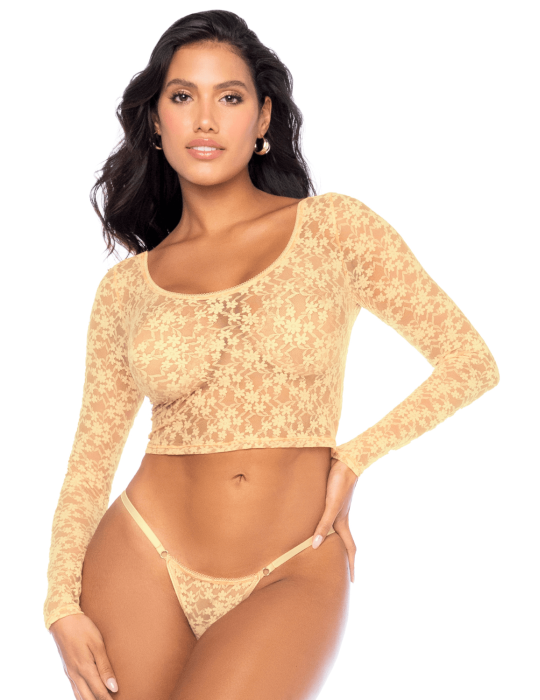 Ensemble 2 pièces en dentelle jaune pastel, crop top et string - MAL8918LYLW Ensemble 2 pièces en dentelle jaune pastel, crop top et string - MAL8918LYLW