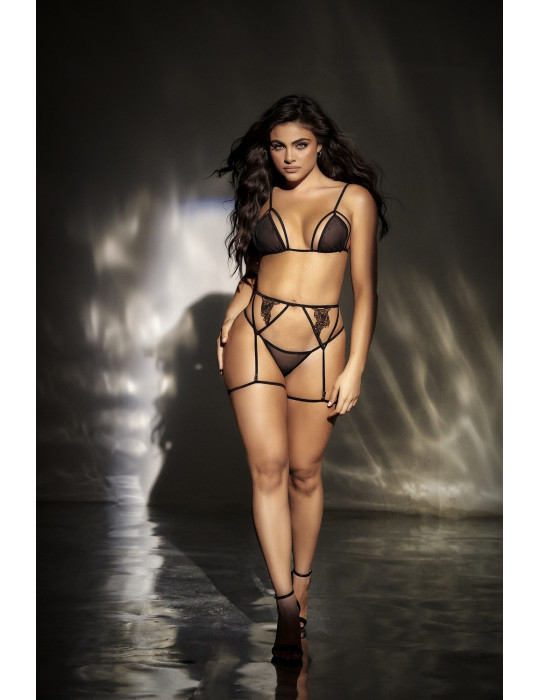 3 pièces de lingerie en résille noire - MAL8785BLK