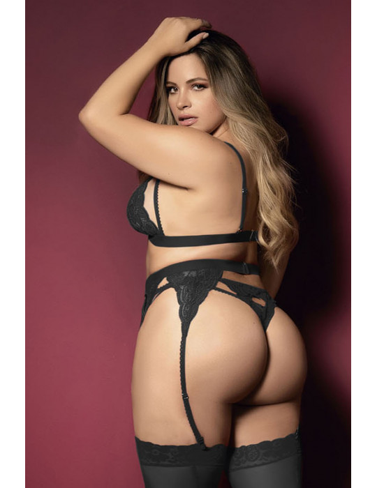 Ensemble 3 pièces noir grande taille  soutien-gorge string porte-jarretelles - MAL8221XBLK