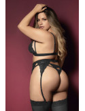 Ensemble 3 pièces noir grande taille soutien-gorge string porte-jarretelles - MAL8221XBLK Ensemble 3 pièces noir grande taille soutien-gorge string porte-jarretelles - MAL8221XBLK