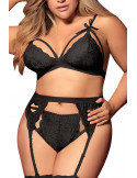 Ensemble 3 pièces noir grande taille soutien-gorge string porte-jarretelles - MAL8221XBLK Ensemble 3 pièces noir grande taille soutien-gorge string porte-jarretelles - MAL8221XBLK