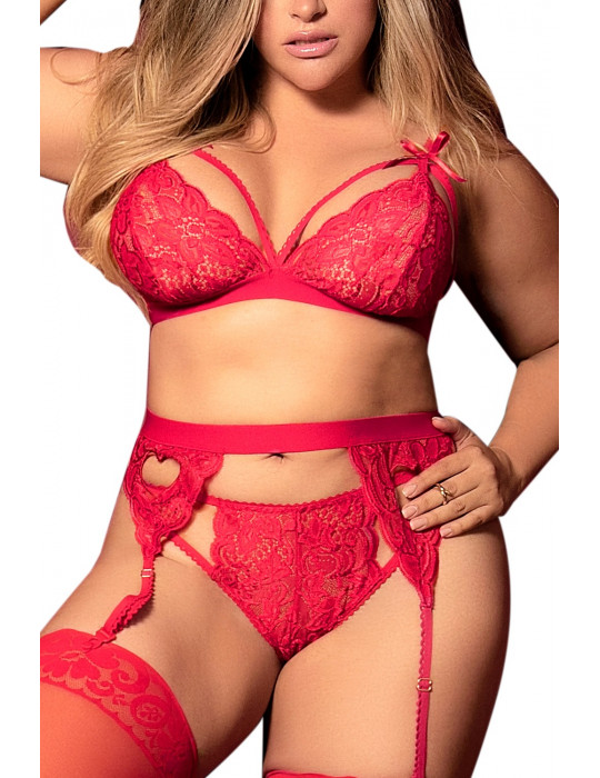 Ensemble 3 pièces rouge grande taille  soutien-gorge string porte-jarretelles - MAL8221XRED