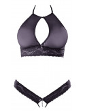 Soutien-gorge bandeau, en dentelle et résille noire et string ouvert - R2213648 Soutien-gorge bandeau, en dentelle et résille noire et string ouvert - R2213648