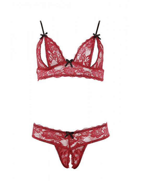 Soutien-gorge, bonnets ouverts, en dentelle rouge et string assorti - R2212447