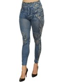 Legging bleu effet jean délavé imprimé léopard - FD1017