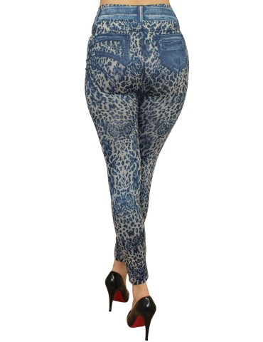 Legging bleu effet jean délavé imprimé léopard - FD1017 2