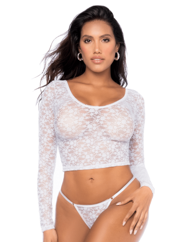 Ensemble 2 pièces en dentelle blanche, crop top et string - MAL8918WHT