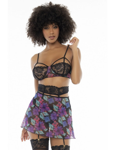 Deux-en-un, nuisette et ensemble trois pièces noir, tissu fleur exotique - MAL7496PRT