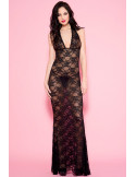 Nuisette longue noire décolletée dentelle florale - ML53012BLK Nuisette longue noire décolletée dentelle florale - ML53012BLK