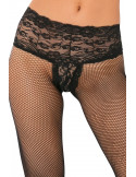 Collant noir résille effet string brésilien dentelle florale et coutures arrières - REN9028-BLK Collant noir résille effet string brésilien dentelle florale et coutures arrières - REN9028-BLK