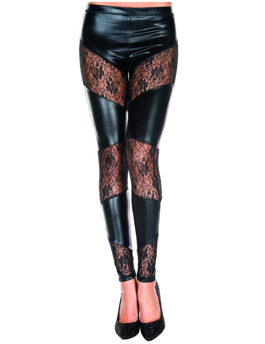 Legging noir wetlook avec bandes de dentelle florale - MH35134BLK Legging noir wetlook avec bandes de dentelle florale - MH35134BLK