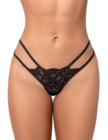 String noir en dentelle à lanières avec anneau - MAL130BLK