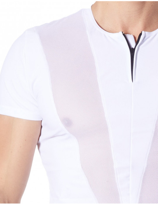 T-Shirt blanc doux avec bandes résille col rond et zip - LM805-81WHT