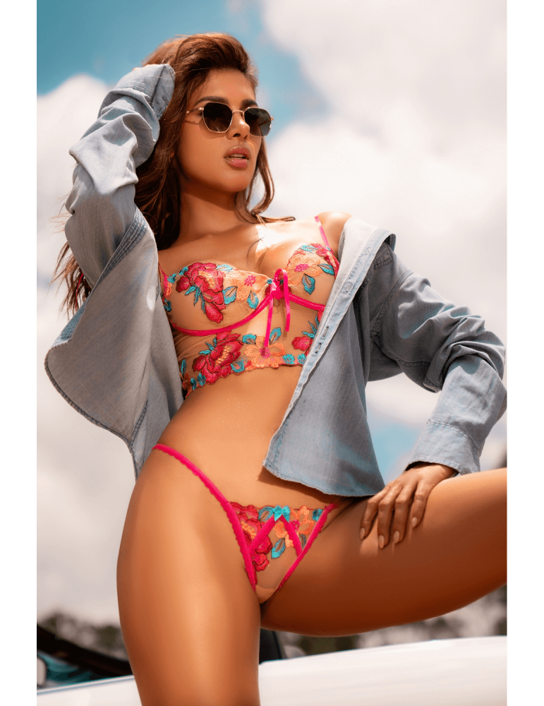 Ensemble 2 pièces brodé rose et bleu, bustier et string - MAL8926SEGA