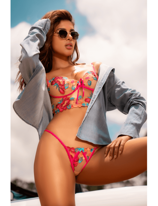 Ensemble 2 pièces brodé rose et bleu, bustier et string - MAL8926SEGA