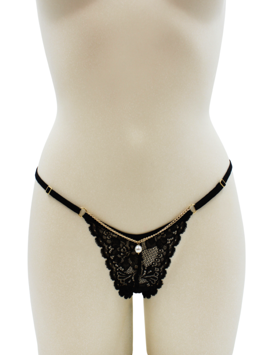 String noir en dentelle avec bijou et chaîne dorée - PM06G-BBLK