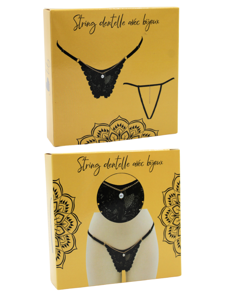 String noir en dentelle avec bijou et chaîne dorée - PM06G-BBLK