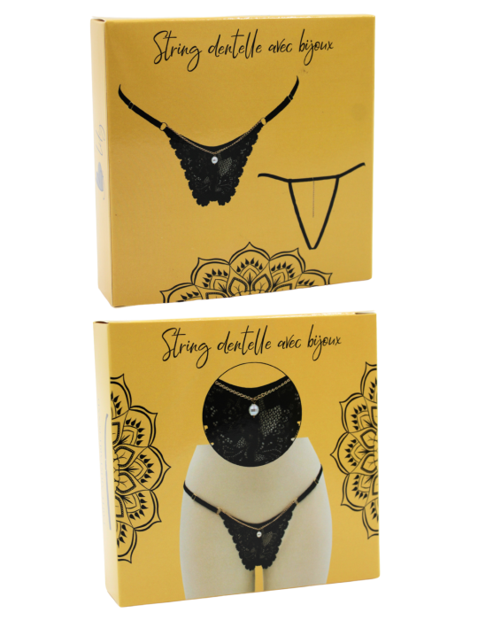 String noir en dentelle avec bijou et chaîne dorée - PM06G-BBLK