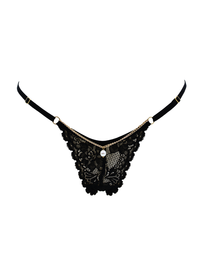 String noir en dentelle avec bijou et chaîne dorée - PM06G-BBLK