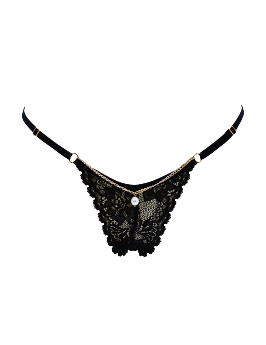 String noir en dentelle avec bijou et chaîne dorée - PM06G-BBLK