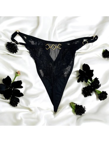 Tanga noir en dentelle avec bijou losanges dorés - PM01GBLK
