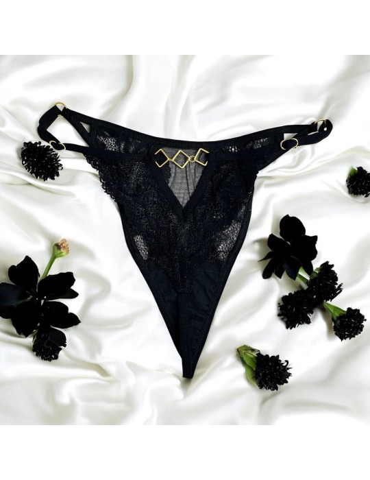 Tanga noir en dentelle avec bijou losanges dorés - PM01GBLK Tanga noir en dentelle avec bijou losanges dorés - PM01GBLK