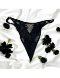 Tanga noir en dentelle avec bijou losanges dorés - PM01GBLK