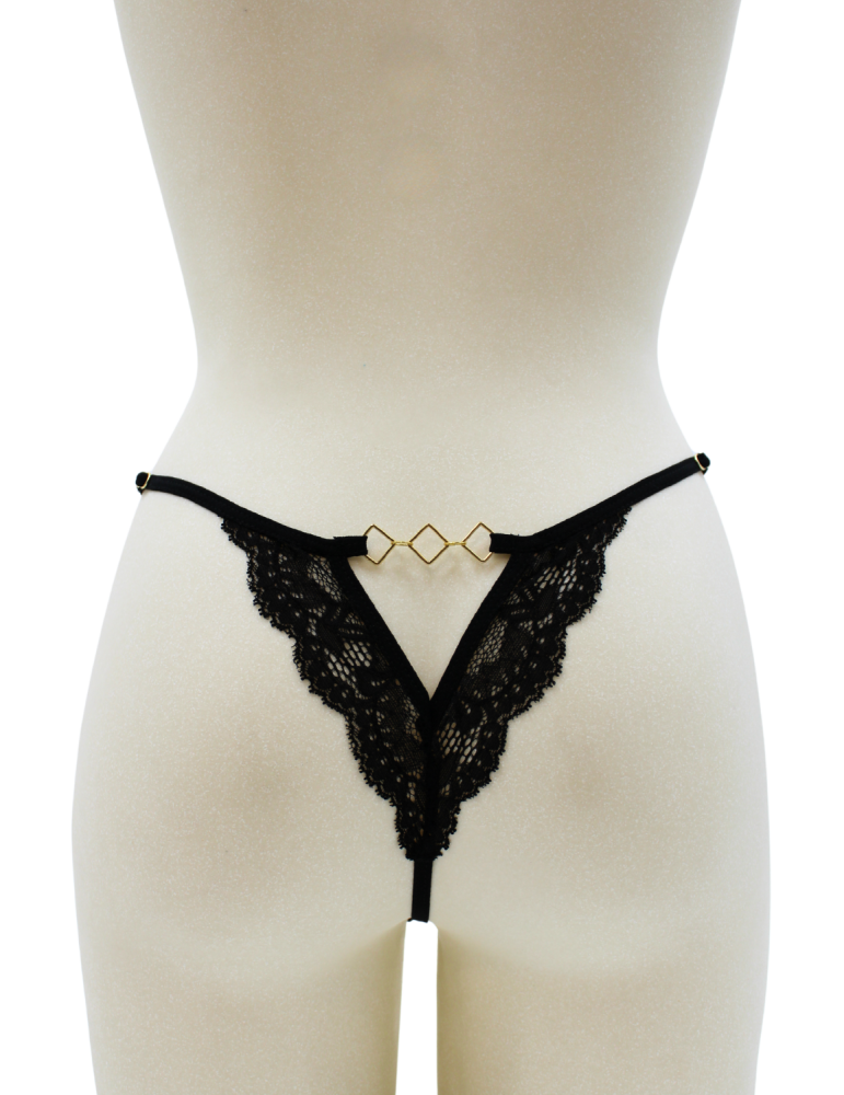 Tanga noir en dentelle avec bijou losanges dorés - PM01GBLK