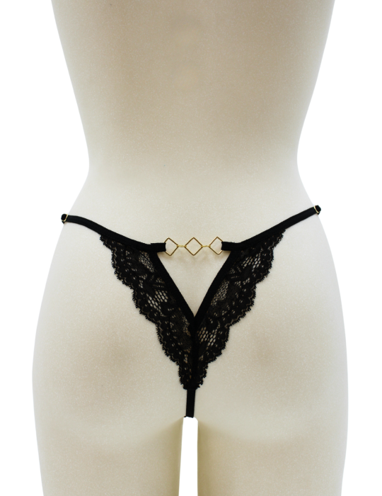 Tanga noir en dentelle avec bijou losanges dorés - PM01GBLK