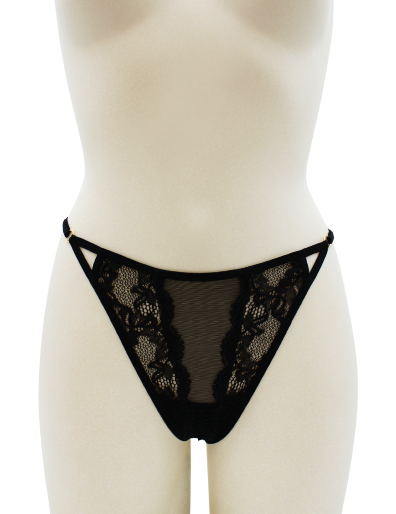 Tanga noir en dentelle avec bijou losanges dorés - PM01GBLK