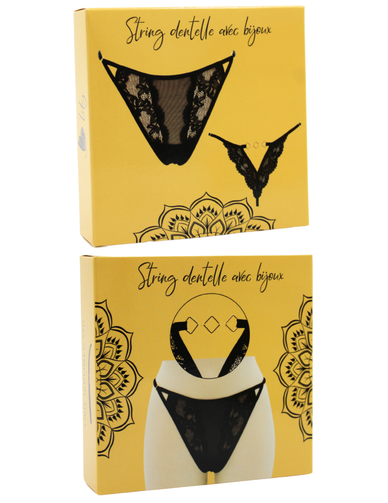 Tanga noir en dentelle avec bijou losanges dorés - PM01GBLK
