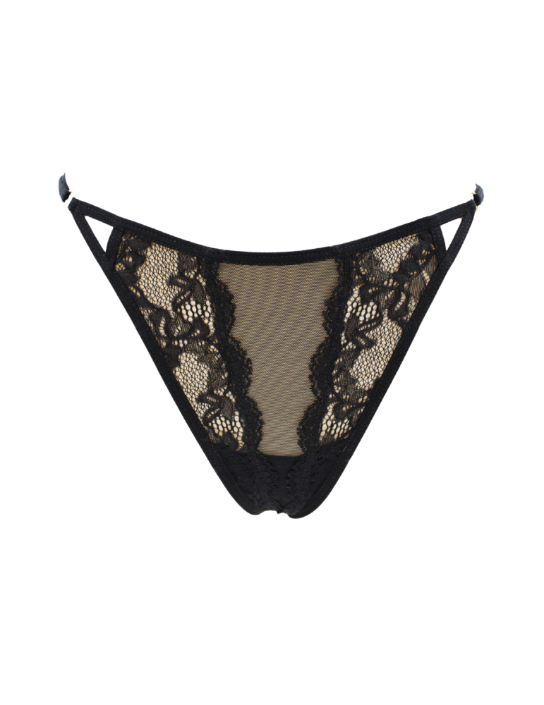 Tanga noir en dentelle avec bijou losanges dorés - PM01GBLK