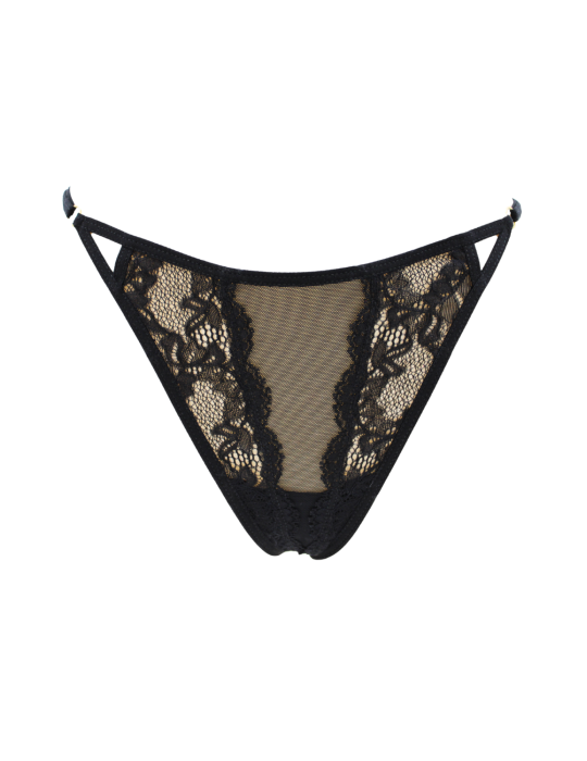 Tanga noir en dentelle avec bijou losanges dorés - PM01GBLK