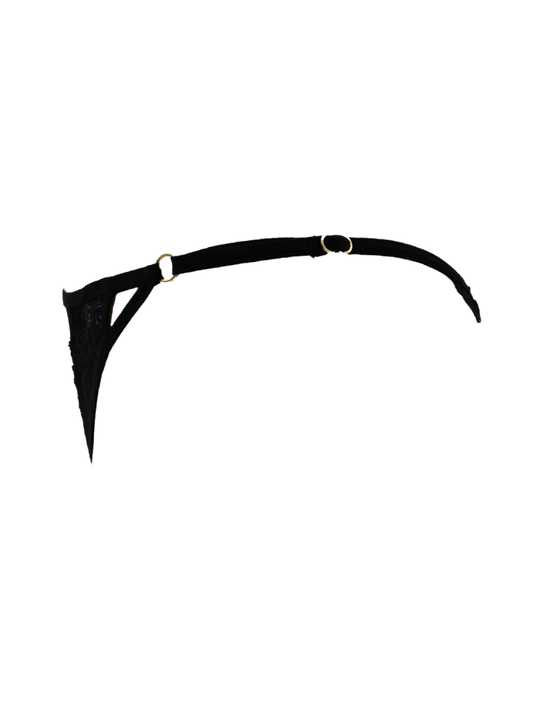 Tanga noir en dentelle avec bijou losanges dorés - PM01GBLK