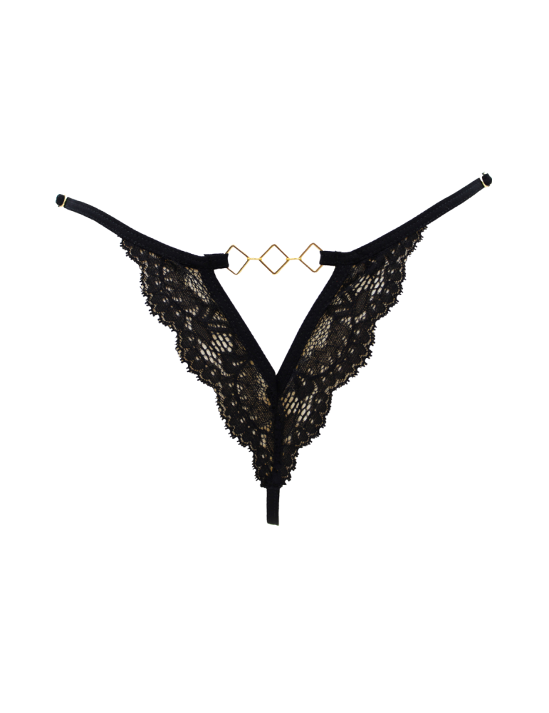 Tanga noir en dentelle avec bijou losanges dorés - PM01GBLK