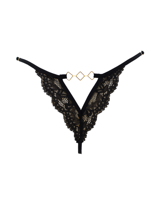 Tanga noir en dentelle avec bijou losanges dorés - PM01GBLK