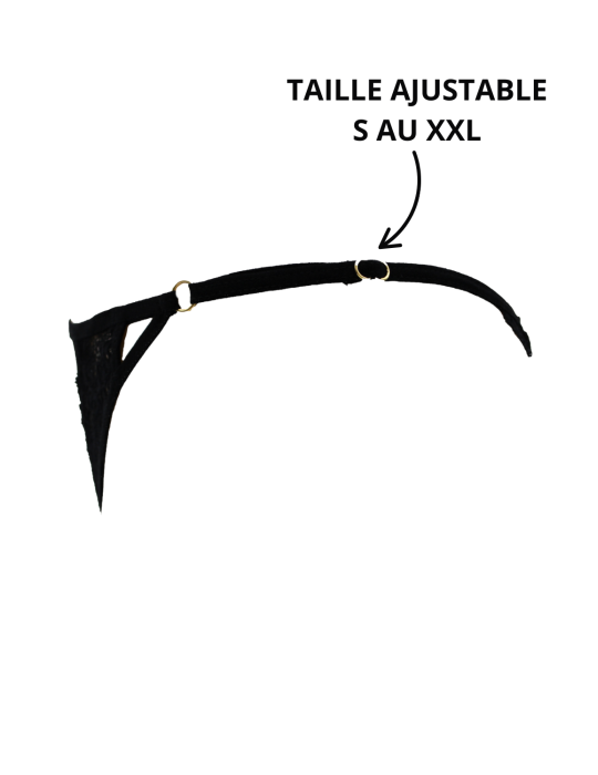 Tanga noir en dentelle avec bijou losanges dorés - PM01GBLK