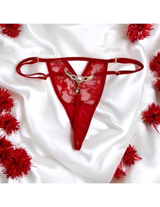 String rouge avec bijou perle  strass dorés - PA06MRED String rouge avec bijou perle  strass dorés - PA06MRED