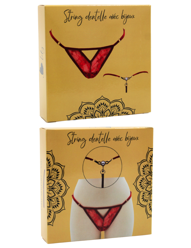 String rouge avec bijou perle  strass dorés - PA06MRED