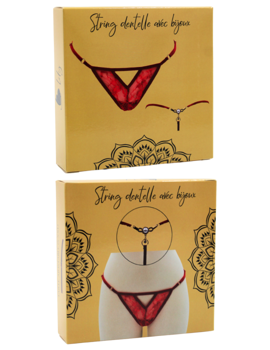 String rouge avec bijou perle  strass dorés - PA06MRED