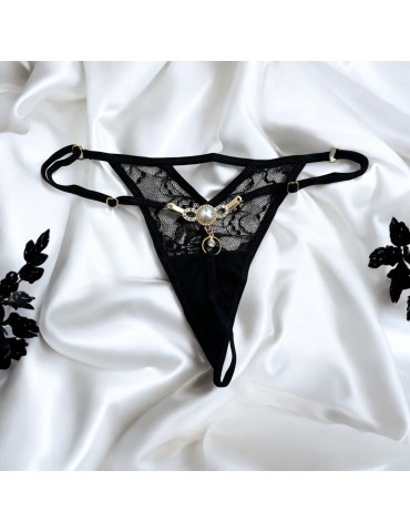 String noir avec bijou perle  strass dorés - PA06MBLK