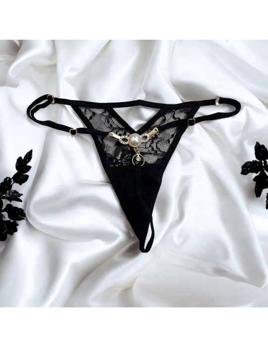 String noir avec bijou perle  strass dorés - PA06MBLK String noir avec bijou perle  strass dorés - PA06MBLK