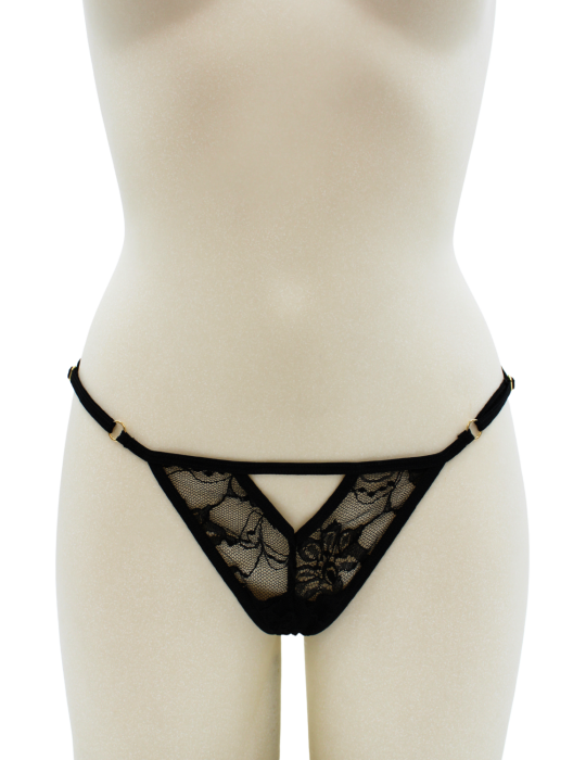 String noir avec bijou perle  strass dorés - PA06MBLK